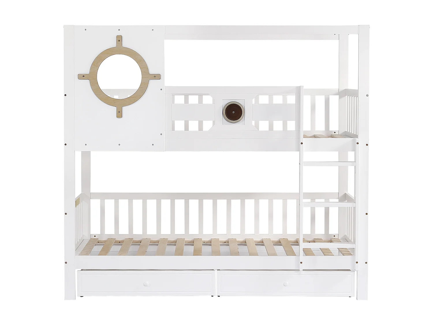 Lettino superposé per bambini 90x200 cm, con sponda e fenestrella, binari anti-scivolo, tiriirs, blanc + couleurs naturelles