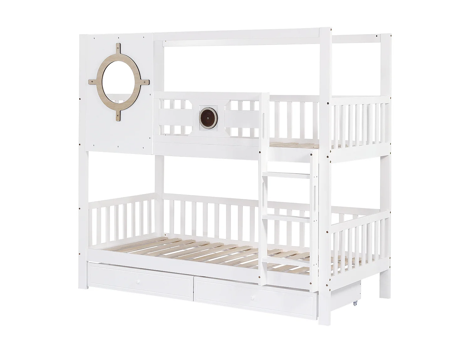 Lettino superposé per bambini 90x200 cm, con sponda e fenestrella, binari anti-scivolo, tiriirs, blanc + couleurs naturelles