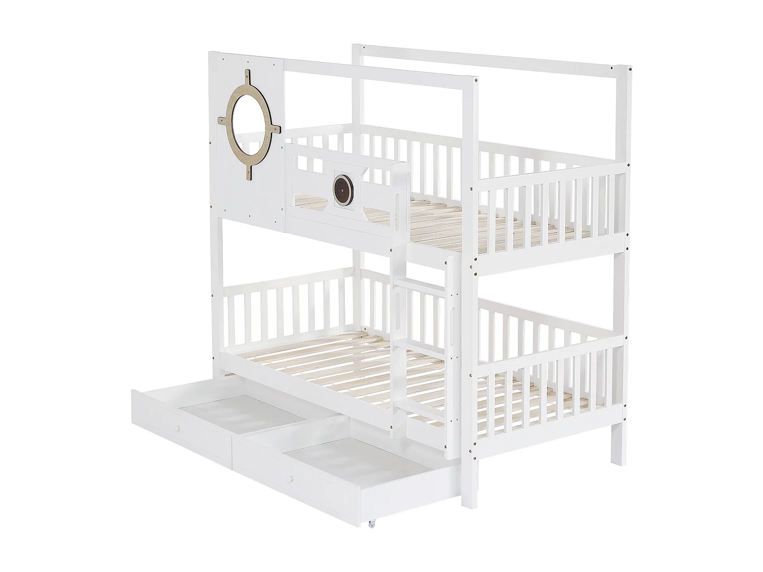 Lettino superposé per bambini 90x200 cm, con sponda e fenestrella, binari anti-scivolo, tiriirs, blanc + couleurs naturelles