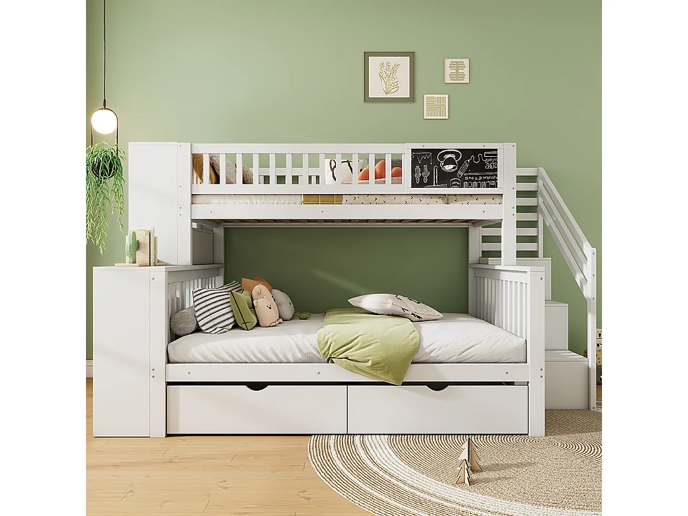 Lit d'enfant simple, lit superposé double avec panneau graffiti, escalier, tiroirs, 140*200cm + 90*200cm, blanc