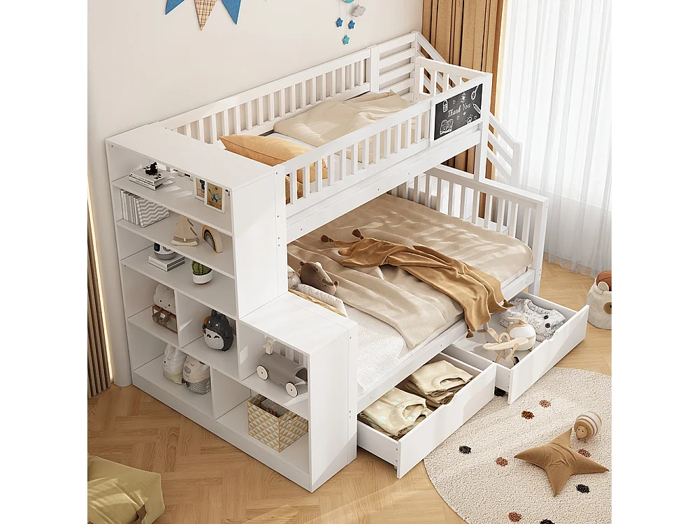 Lit d'enfant simple, lit superposé double avec panneau graffiti, escalier, tiroirs, 140*200cm + 90*200cm, blanc
