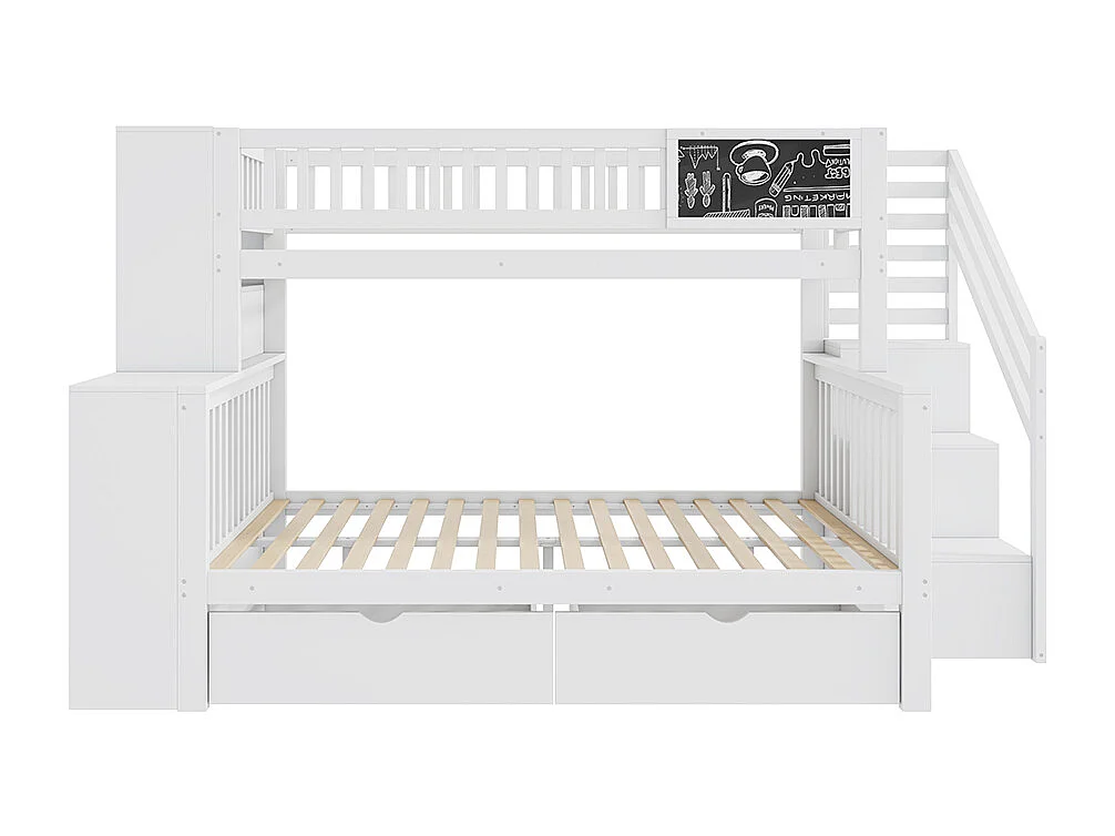 Lit d'enfant simple, lit superposé double avec panneau graffiti, escalier, tiroirs, 140*200cm + 90*200cm, blanc