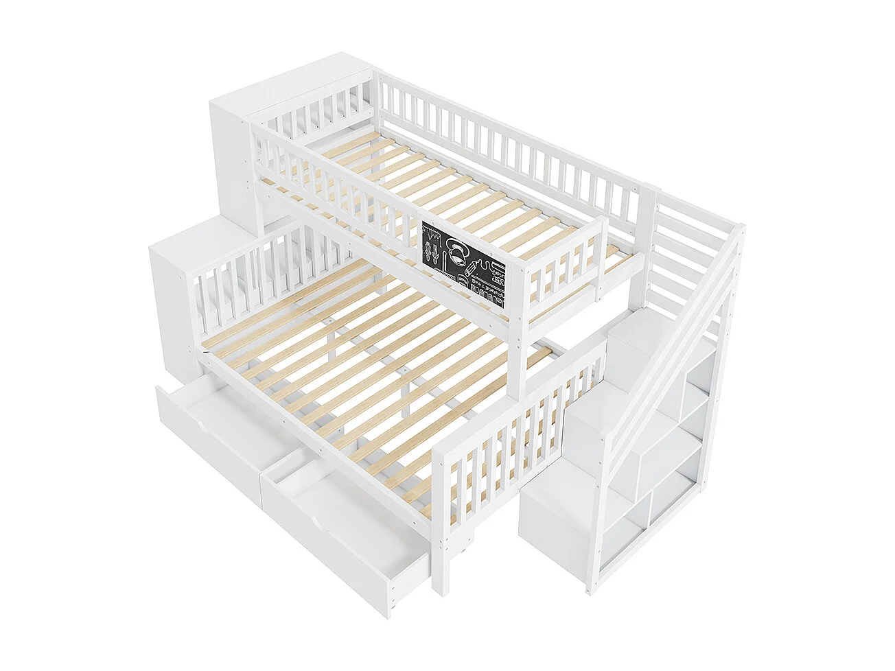 Lit d'enfant simple, lit superposé double avec panneau graffiti, escalier, tiroirs, 140*200cm + 90*200cm, blanc