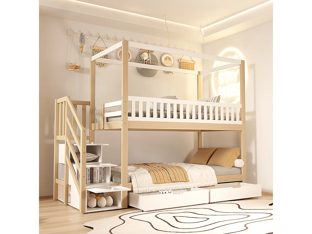 Lit enfant superposé 90*200 cm, bois massif, garde-corps de sécurité, échelle de sécurité, blanc + bois d'origine