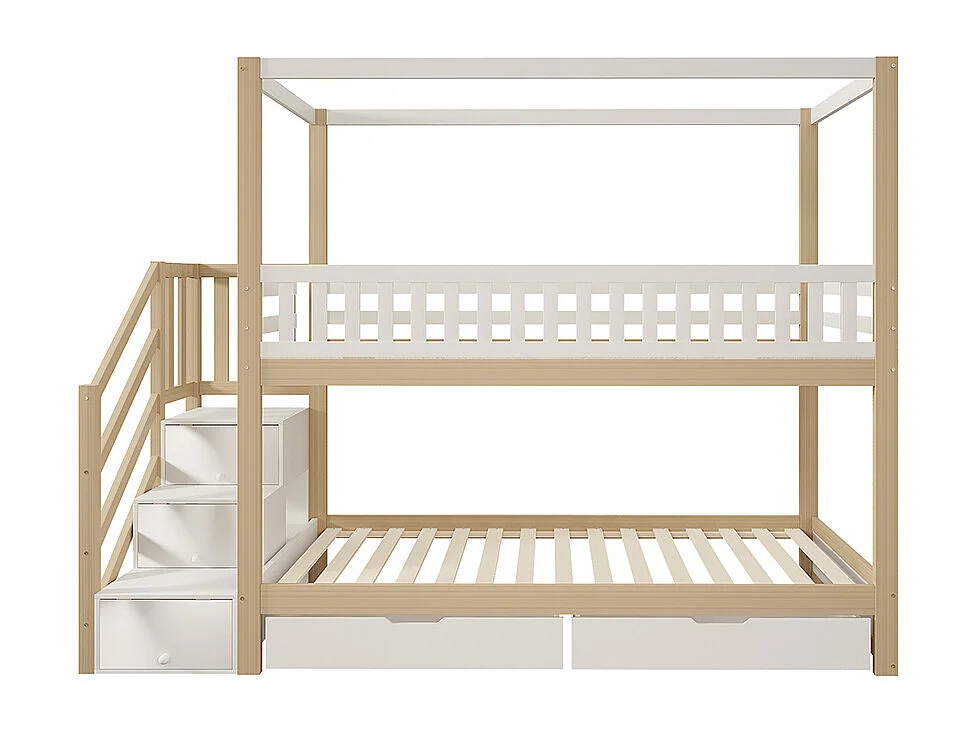 Lit enfant superposé 90*200 cm, bois massif, garde-corps de sécurité, échelle de sécurité, blanc + bois d'origine