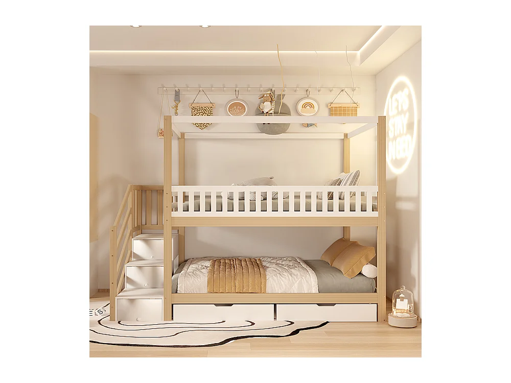 Kinderstapelbed 90*200 cm, massief hout, veiligheidsreling, veiligheidsladder, wit + origineel hout