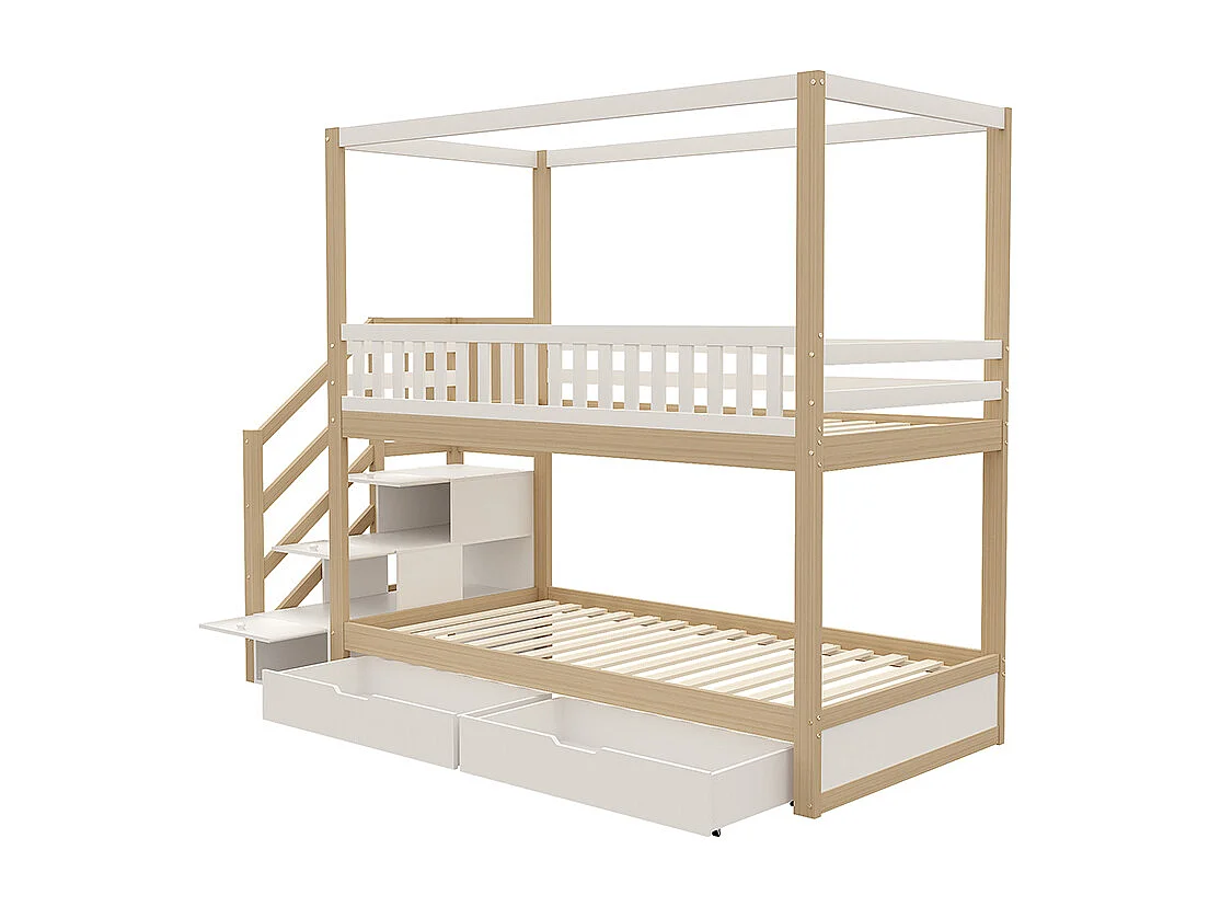 Kinderstapelbed 90*200 cm, massief hout, veiligheidsreling, veiligheidsladder, wit + origineel hout