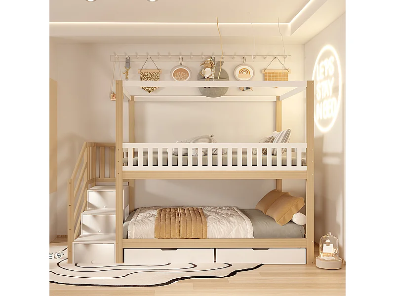 Lettiera per bambini 90*200 cm, bois massif, pannelli di sicurezza, livelli di sicurezza, blanc + bois d'origine