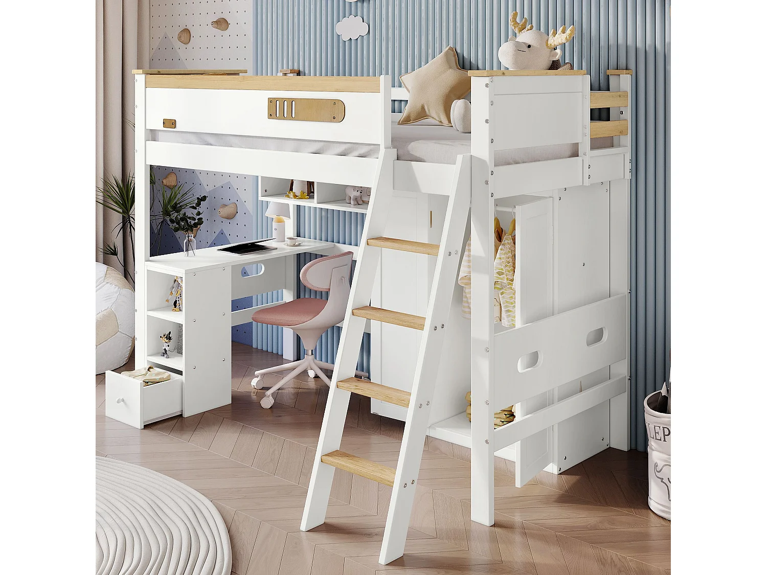 Kinderstapelbed 90x200 cm, met rail, tafel en kast, ladder, wit + natuurlijke kleuren