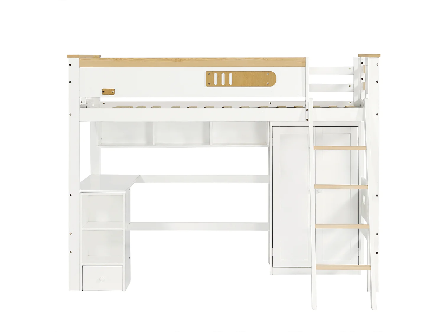 Kinderstapelbed 90x200 cm, met rail, tafel en kast, ladder, wit + natuurlijke kleuren