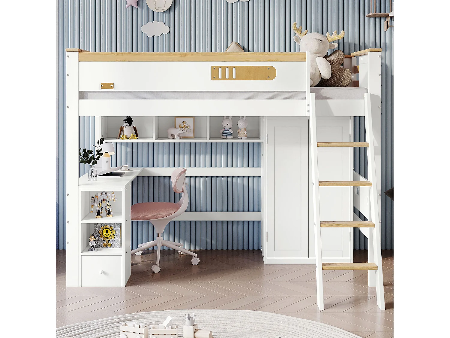 Etagenbett für Kinder 90x200 cm, mit Geländer, Tisch und Schrank, Leiter, weiß + Naturfarben