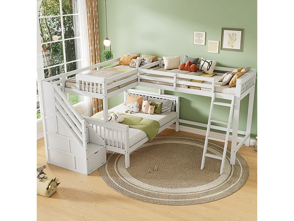 Lit enfant 140*200 cm et 90*200 cm, pour trois enfants, en pin, lit enfant multifonctionnel avec escalier, blanc