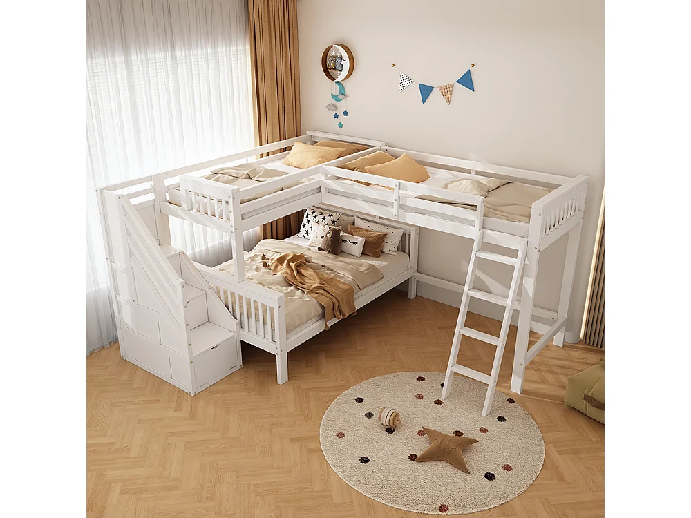 Lit enfant 140*200 cm et 90*200 cm, pour trois enfants, en pin, lit enfant multifonctionnel avec escalier, blanc
