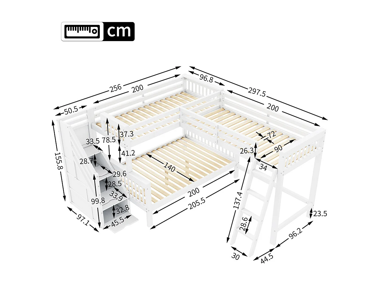 Lit enfant 140*200 cm et 90*200 cm, pour trois enfants, en pin, lit enfant multifonctionnel avec escalier, blanc