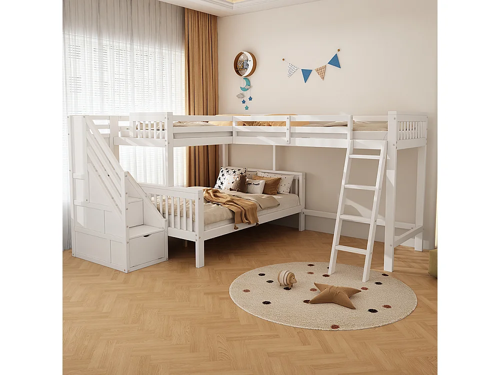 Lit enfant 140*200 cm et 90*200 cm, pour trois enfants, en pin, lit enfant multifonctionnel avec escalier, blanc