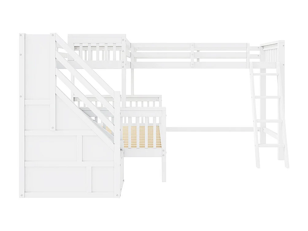 Lit enfant 140*200 cm et 90*200 cm, pour trois enfants, en pin, lit enfant multifonctionnel avec escalier, blanc
