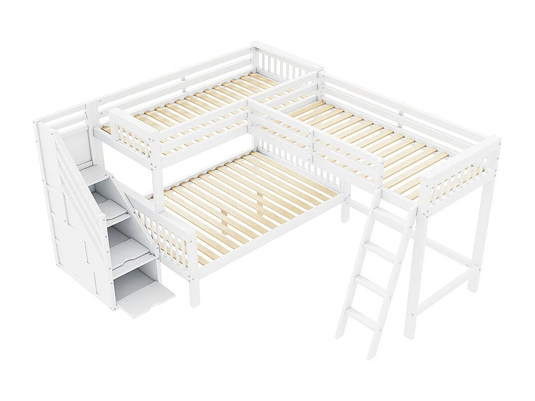 Lit enfant 140*200 cm et 90*200 cm, pour trois enfants, en pin, lit enfant multifonctionnel avec escalier, blanc