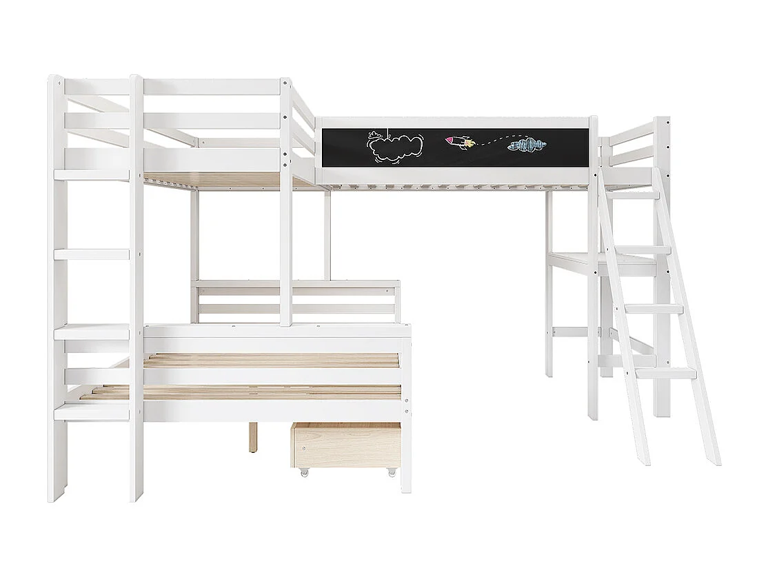 Mezzanine kinderbed, voor drie kinderen, met bureau en plank, 140*200cm, 90*200cm, wit