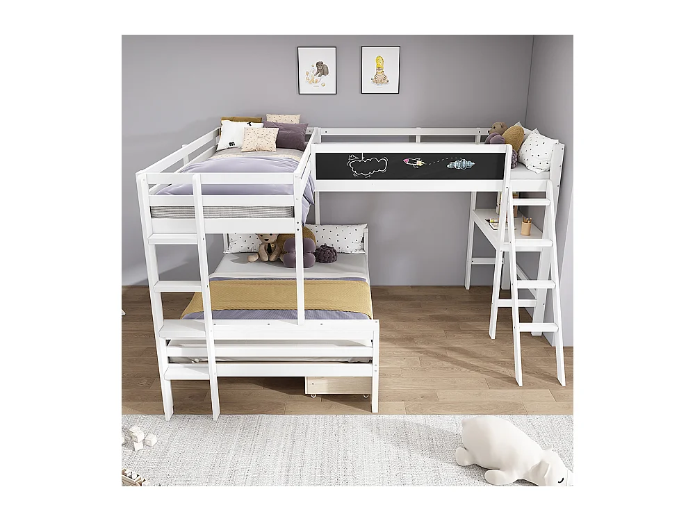 Lit d'enfant en mezzanine, pour trois enfants, avec bureau et étagère, 140*200 cm, 90*200 cm, blanc