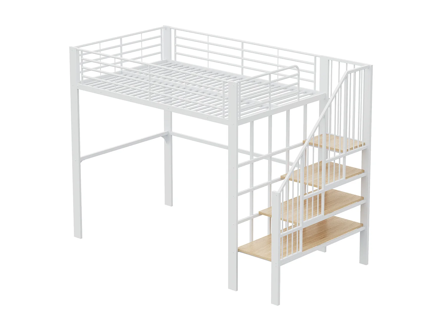 Lit mezzanine 140 x 200, construction métallique robuste avec un espace de rangement généreux sous le lit et l'escalier,blanc