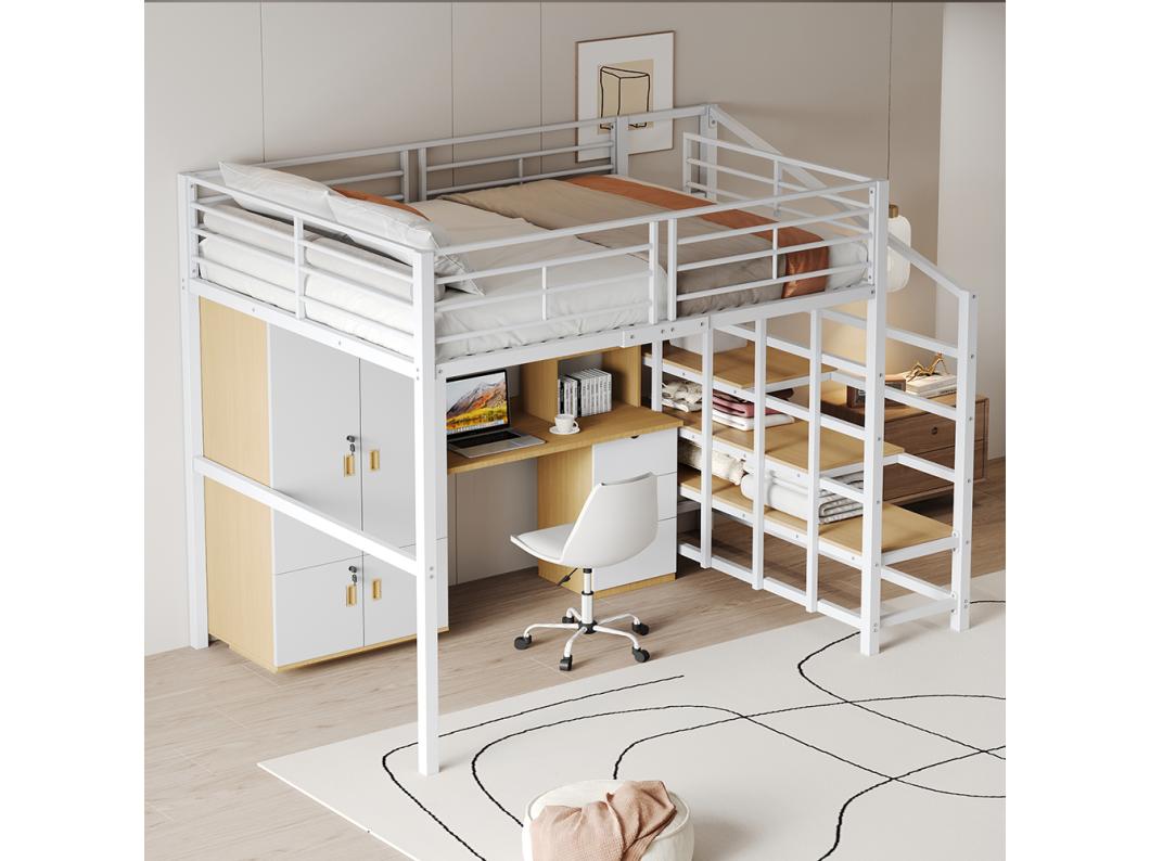 Mezzanine bed 140 x 200, stevige metalen constructie met veel bergruimte onder het bed en de trap, wit