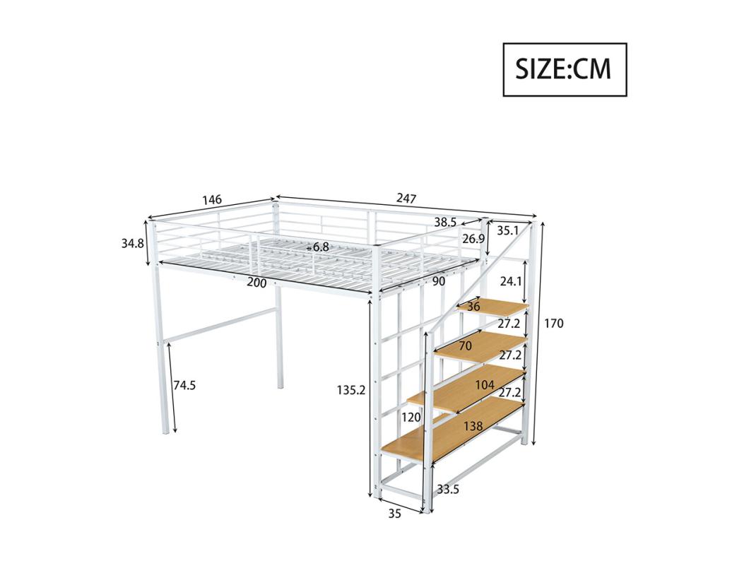 Cama mezzanine 140 x 200, construção metálica robusta com espaço de arrumação generoso por baixo da cama e da escada, branco