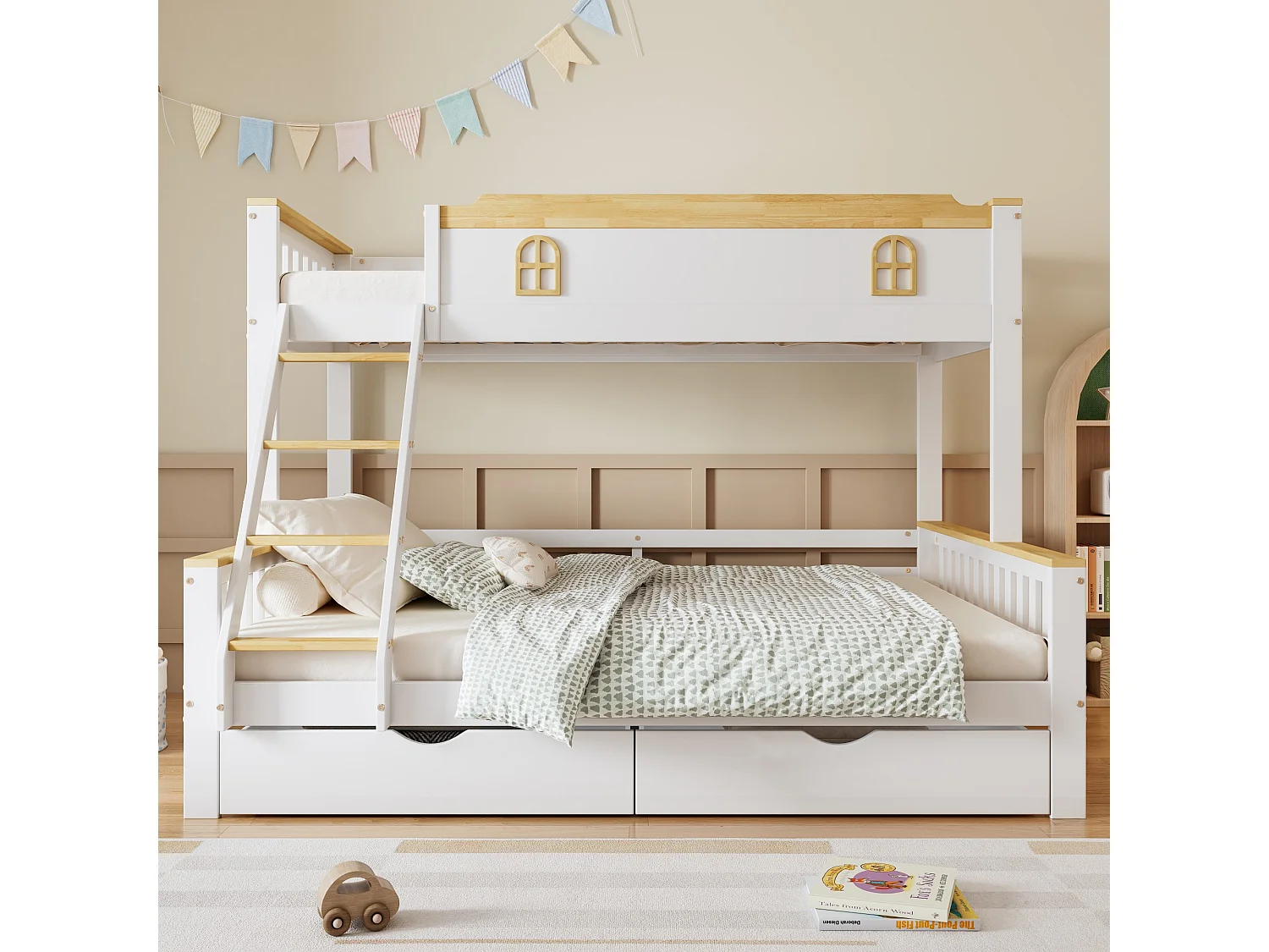 Kinderstapelbed 90x200cm & 140x200cm met reling, raam, schuine ladder en laden, wit + natuurlijke kleuren
