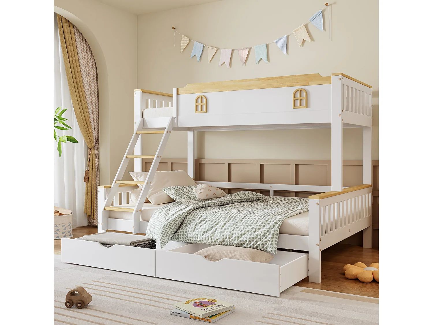 Kinderstapelbed 90x200cm & 140x200cm met reling, raam, schuine ladder en laden, wit + natuurlijke kleuren