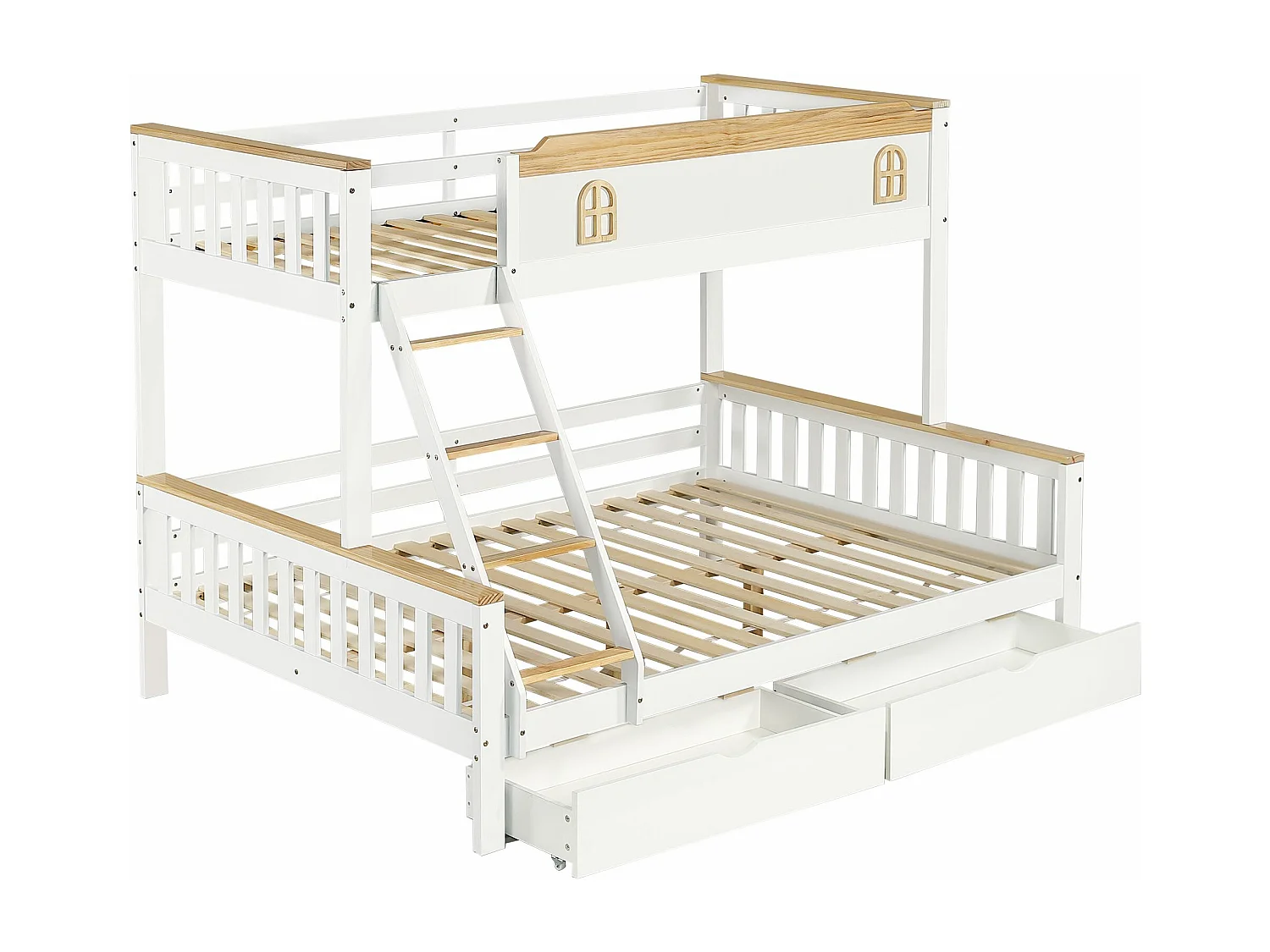 Kinderstapelbed 90x200cm & 140x200cm met reling, raam, schuine ladder en laden, wit + natuurlijke kleuren