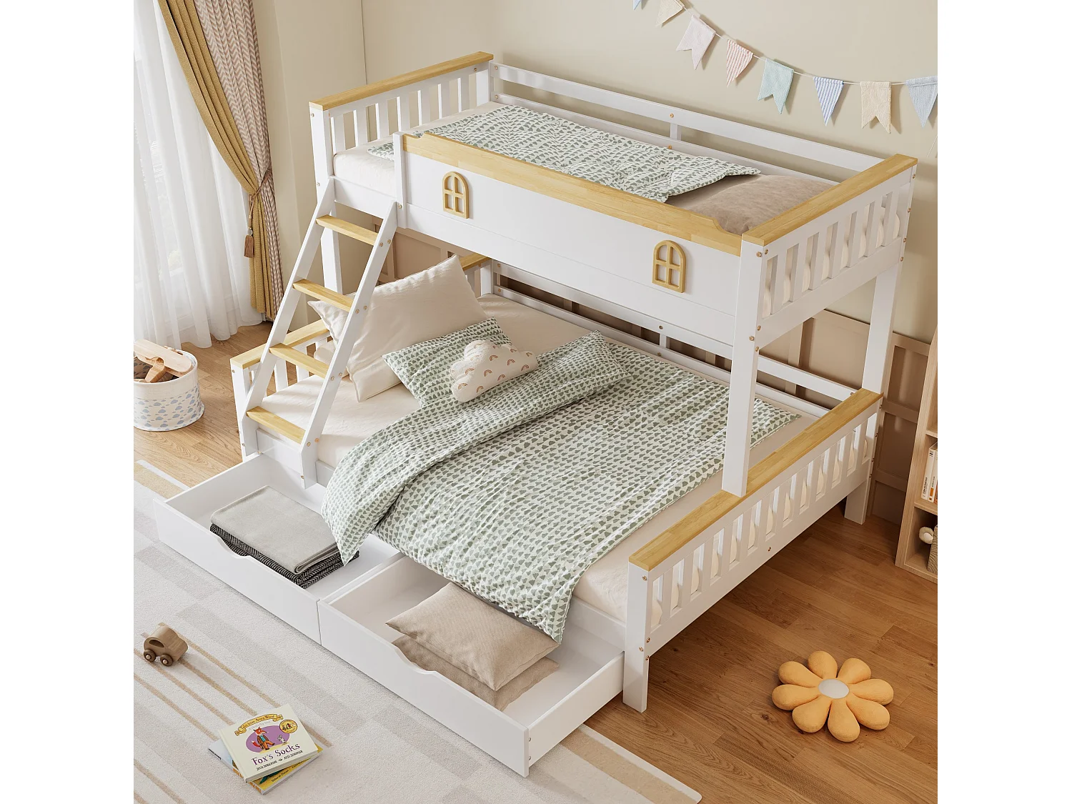 Kinderstapelbed 90x200cm & 140x200cm met reling, raam, schuine ladder en laden, wit + natuurlijke kleuren