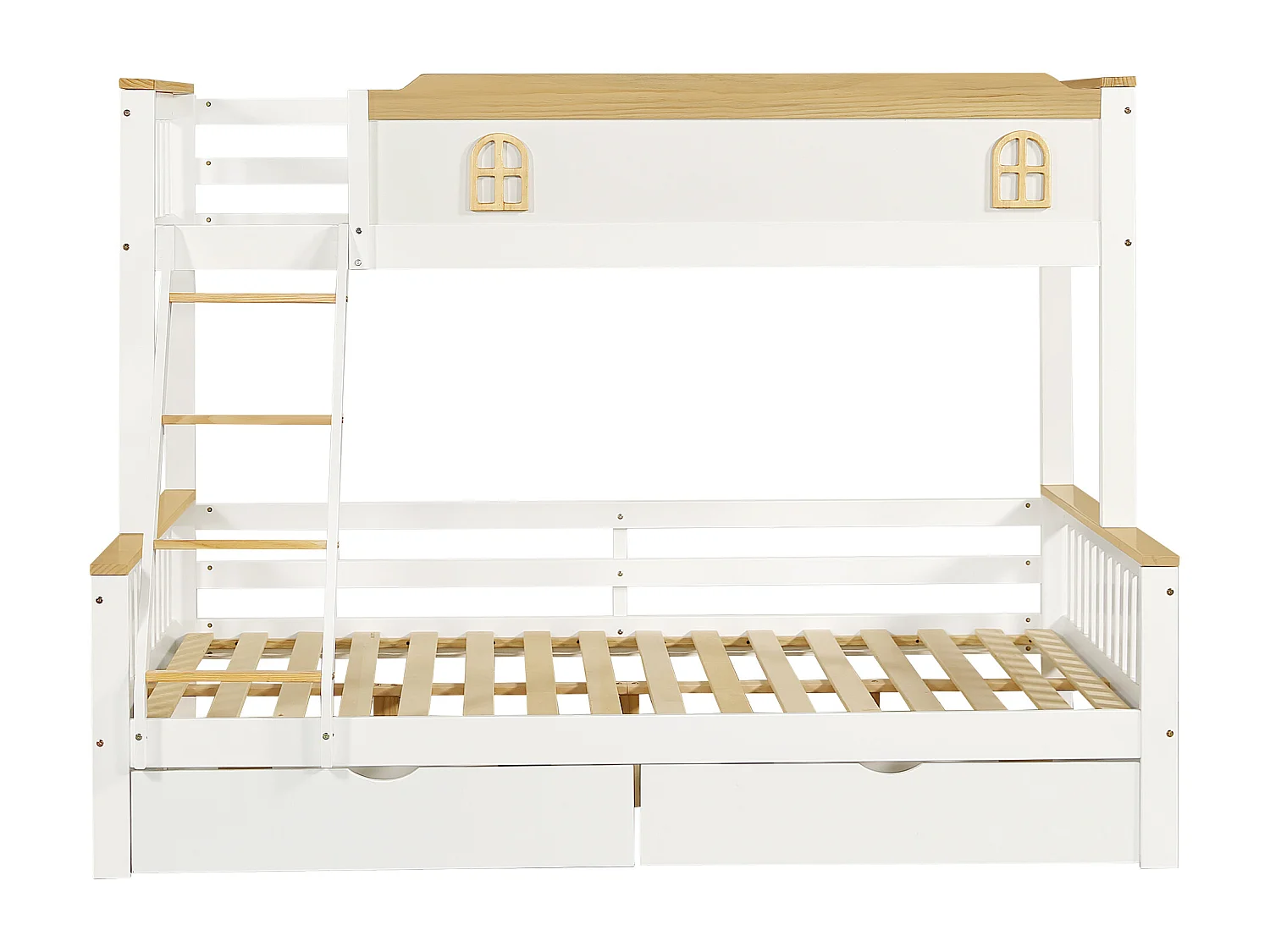 Kinderstapelbed 90x200cm & 140x200cm met reling, raam, schuine ladder en laden, wit + natuurlijke kleuren