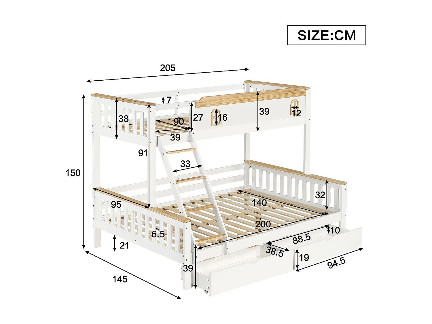 Beliche para crianças 90x200cm e 140x200cm com proteção, janela, escada inclinada e gavetas, branco + cores naturais