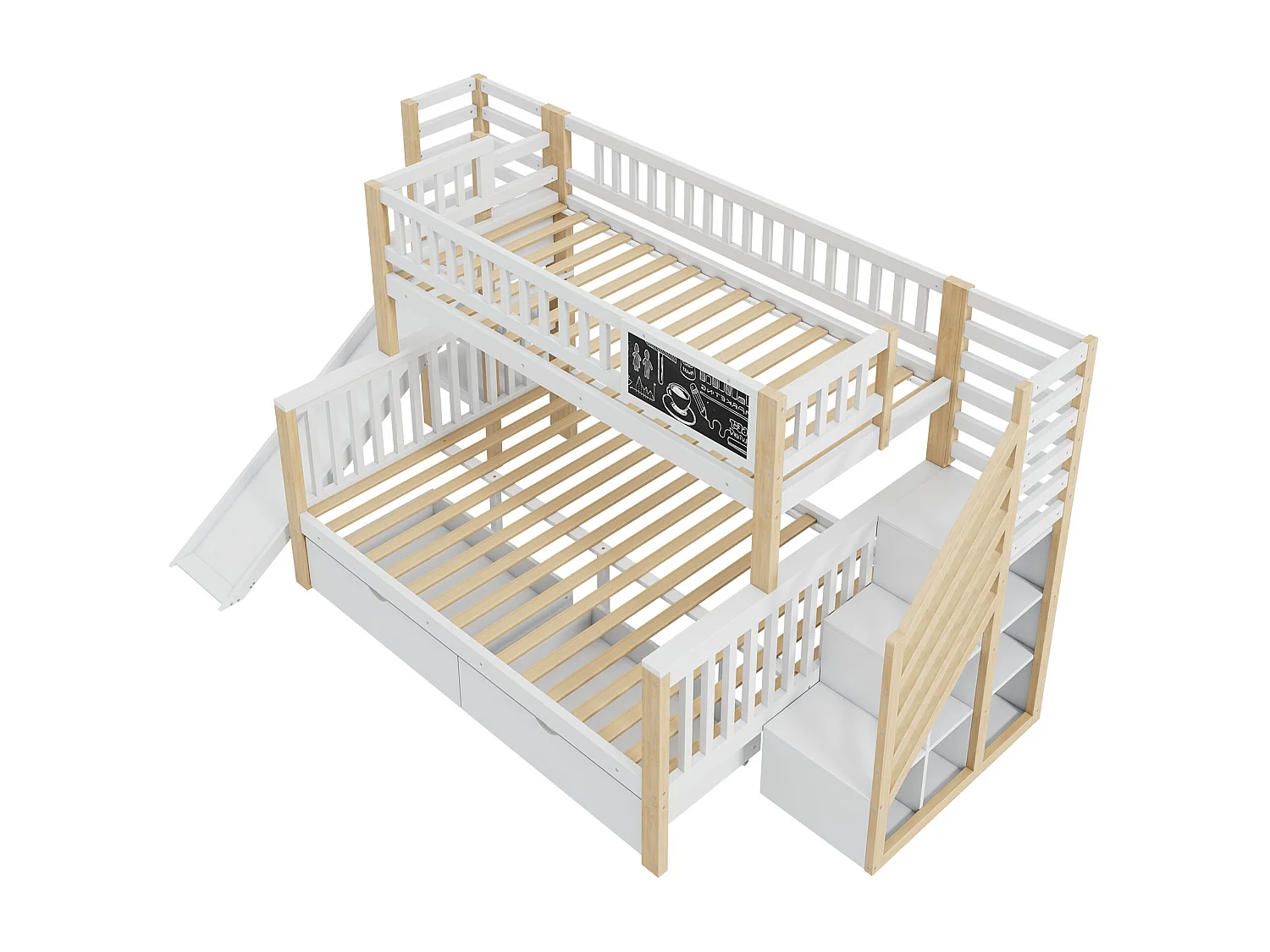 Cama de solteiro para crianças com quadro de rabiscos, escadas e arrumação, escorrega, 140*200cm + 90*200cm, branco