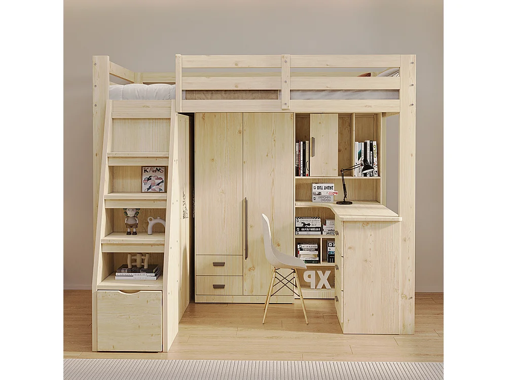 Hochbett 90*200 cm, mit Sicherheitsleiter, Schrank, Massivholzrahmen, ursprüngliche Holzfarbe.