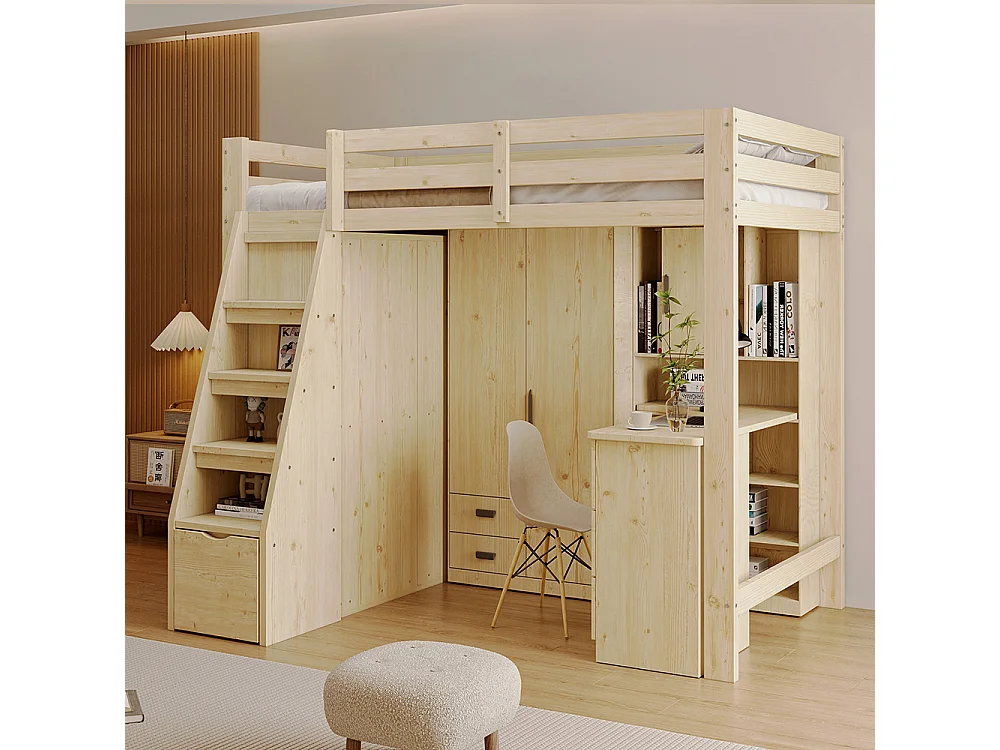 Hochbett 90*200 cm, mit Sicherheitsleiter, Schrank, Massivholzrahmen, ursprüngliche Holzfarbe.