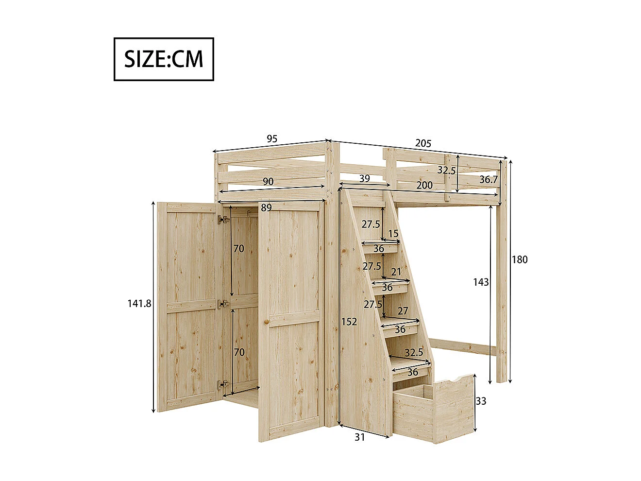 Hochbett 90*200 cm, mit Sicherheitsleiter, Schrank, Massivholzrahmen, ursprüngliche Holzfarbe.