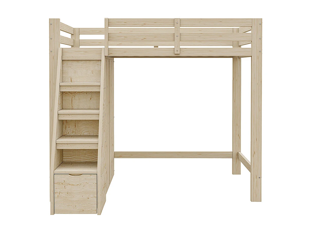 Hochbett 90*200 cm, mit Sicherheitsleiter, Schrank, Massivholzrahmen, ursprüngliche Holzfarbe.