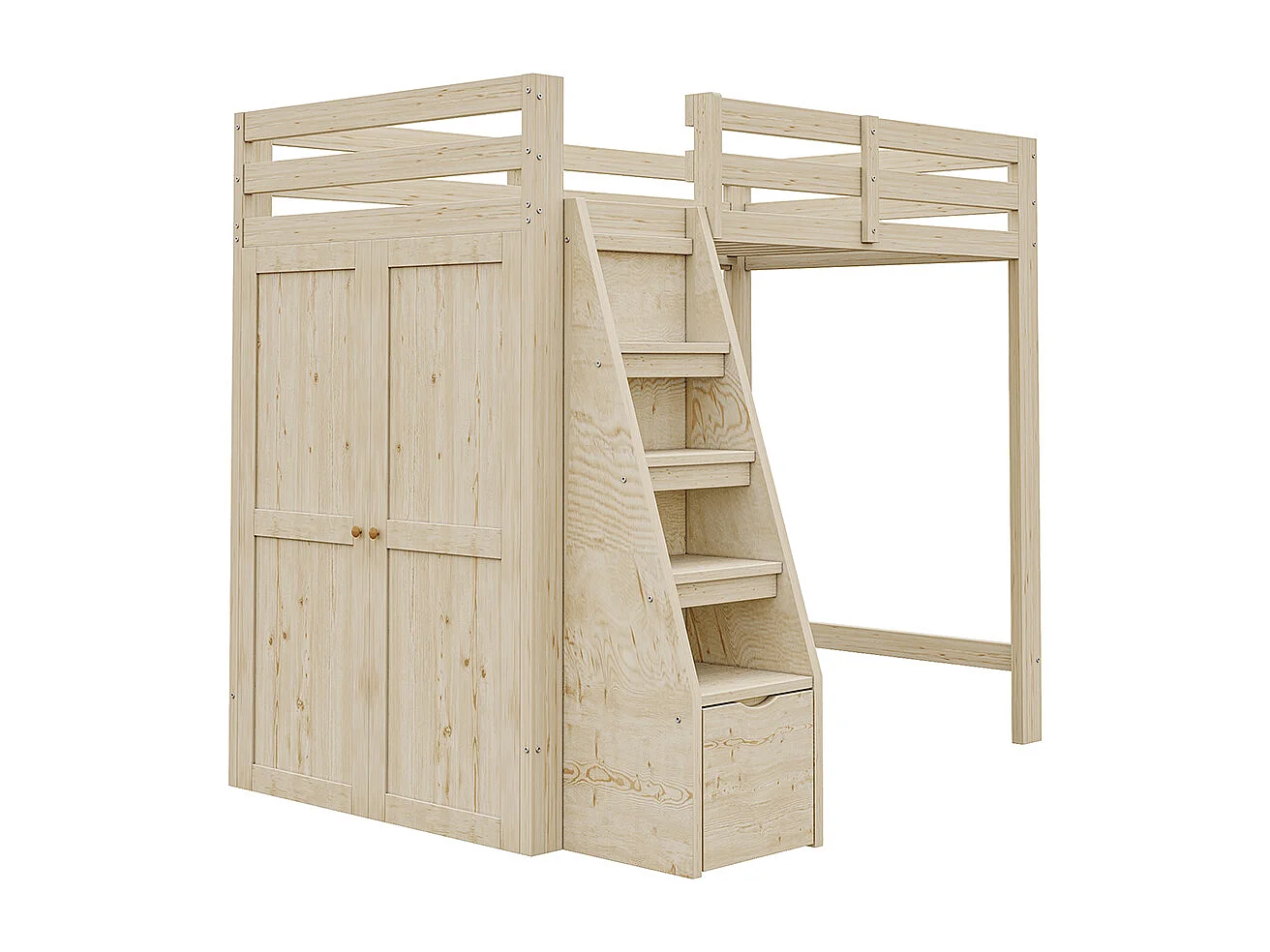Hochbett 90*200 cm, mit Sicherheitsleiter, Schrank, Massivholzrahmen, ursprüngliche Holzfarbe.