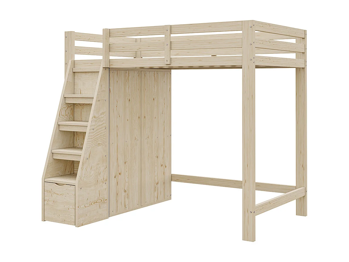 Hochbett 90*200 cm, mit Sicherheitsleiter, Schrank, Massivholzrahmen, ursprüngliche Holzfarbe.