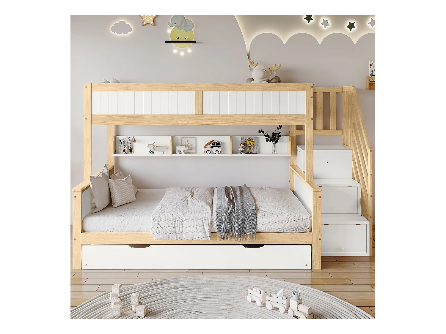 Lit superposé pour enfants 90x200+120*200 cm, avec barrières, lit gigogne, armoire, pin + MDF, blanc + couleur naturelle