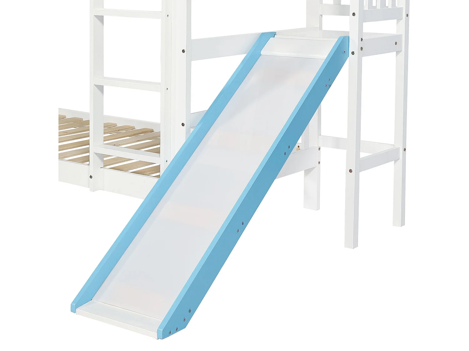 Kinderstapelbed 90x200 cm, met dak, raam, rails, glijbaan, wit + blauw