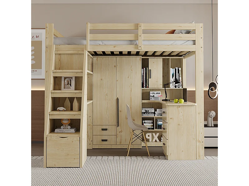 Lit en mezzanine 90*200 cm, avec plan de travail, échelle à grimper pour espace de rangement, couleur bois d'origine