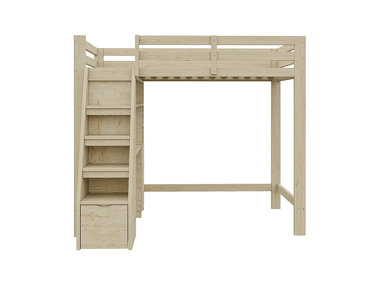 Hochbett 90*200 cm, mit Arbeitsplatte, Kletterleiter für Stauraum, ursprüngliche Holzfarbe.