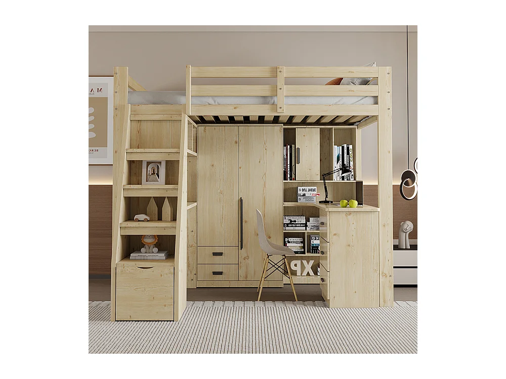 Lit en mezzanine 90*200 cm, avec plan de travail, échelle à grimper pour espace de rangement, couleur bois d'origine
