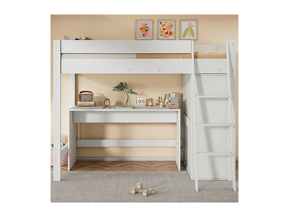 Mezzanine bed voor kinderen, met ladder, bureau, kledingkast, zonder matras, massief hout, wit 90*200