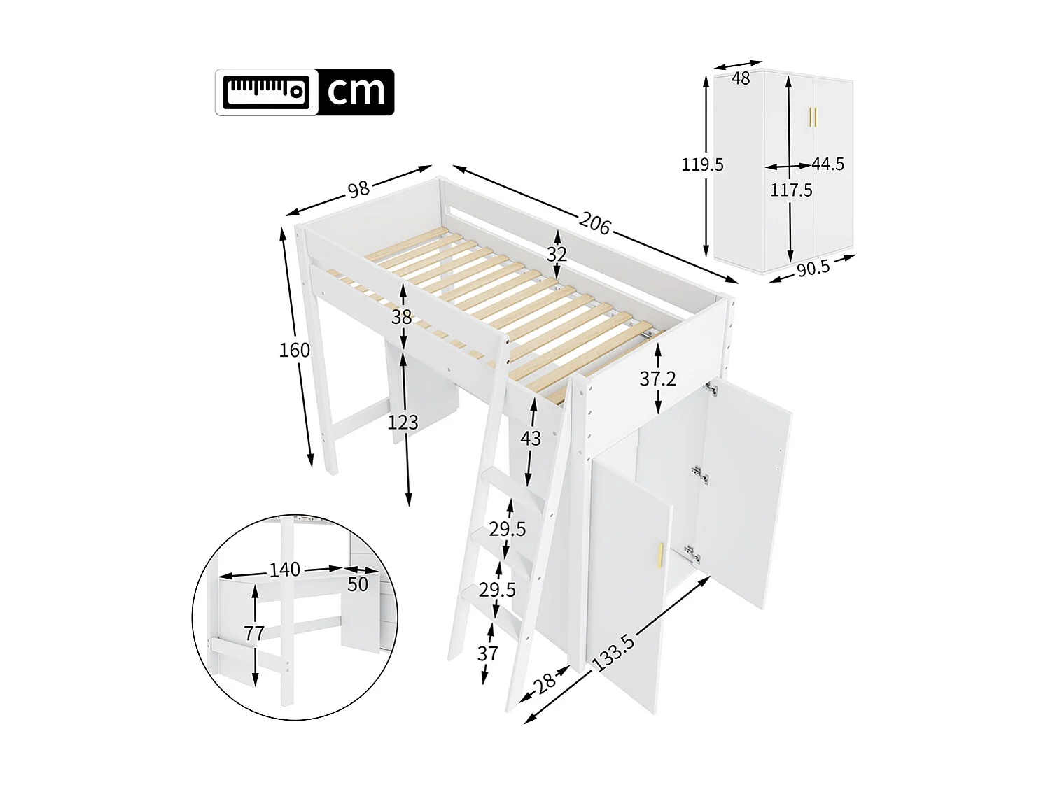 Lit mezzanine pour enfants, avec échelle, bureau, armoire, sans matelas, bois massif, blanc 90 * 200