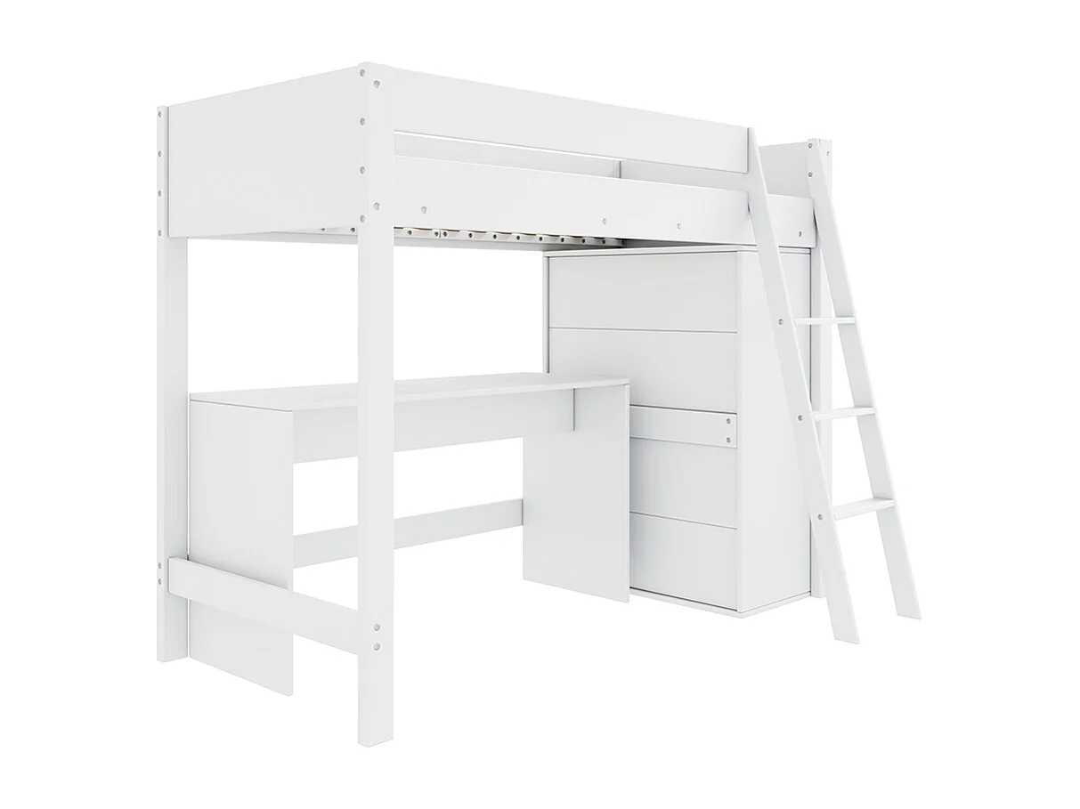 Lit mezzanine pour enfants, avec échelle, bureau, armoire, sans matelas, bois massif, blanc 90 * 200