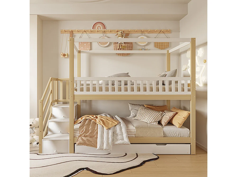 Beliche para crianças 90*200 cm, grade de proteção, cama rebatível, branco e madeira maciça