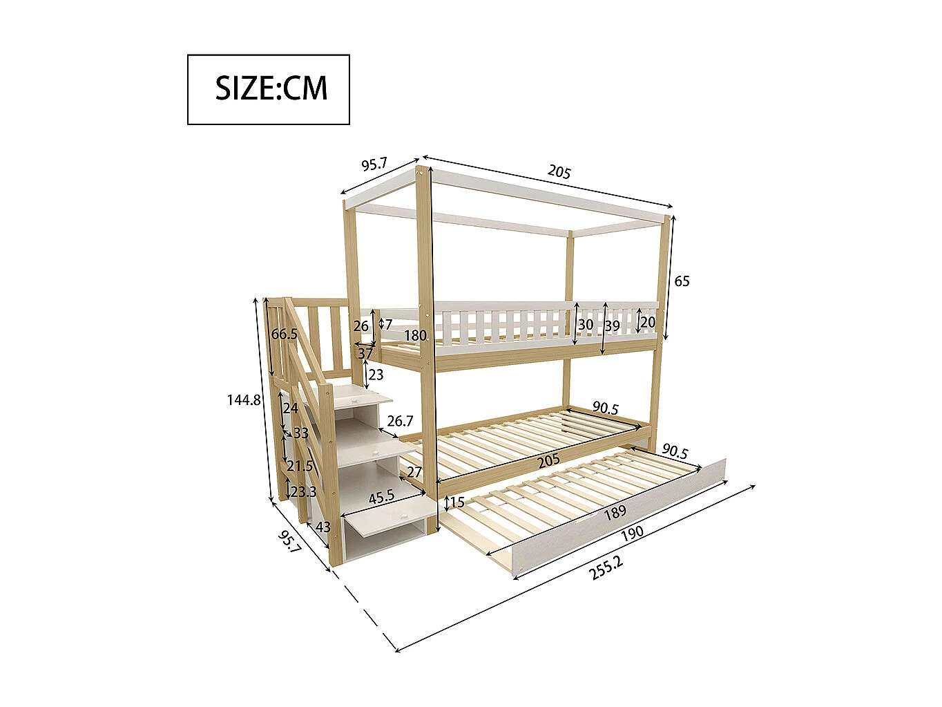 Beliche para crianças 90*200 cm, grade de proteção, cama rebatível, branco e madeira maciça