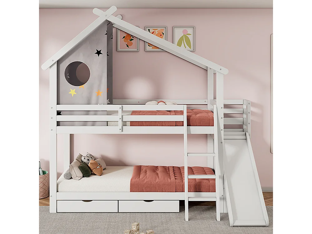 Lit superposé pour enfants 90*200cm, avec toboggan et échelle, avec 2 tiroirs, bois massif, meuble de rangement, blanc